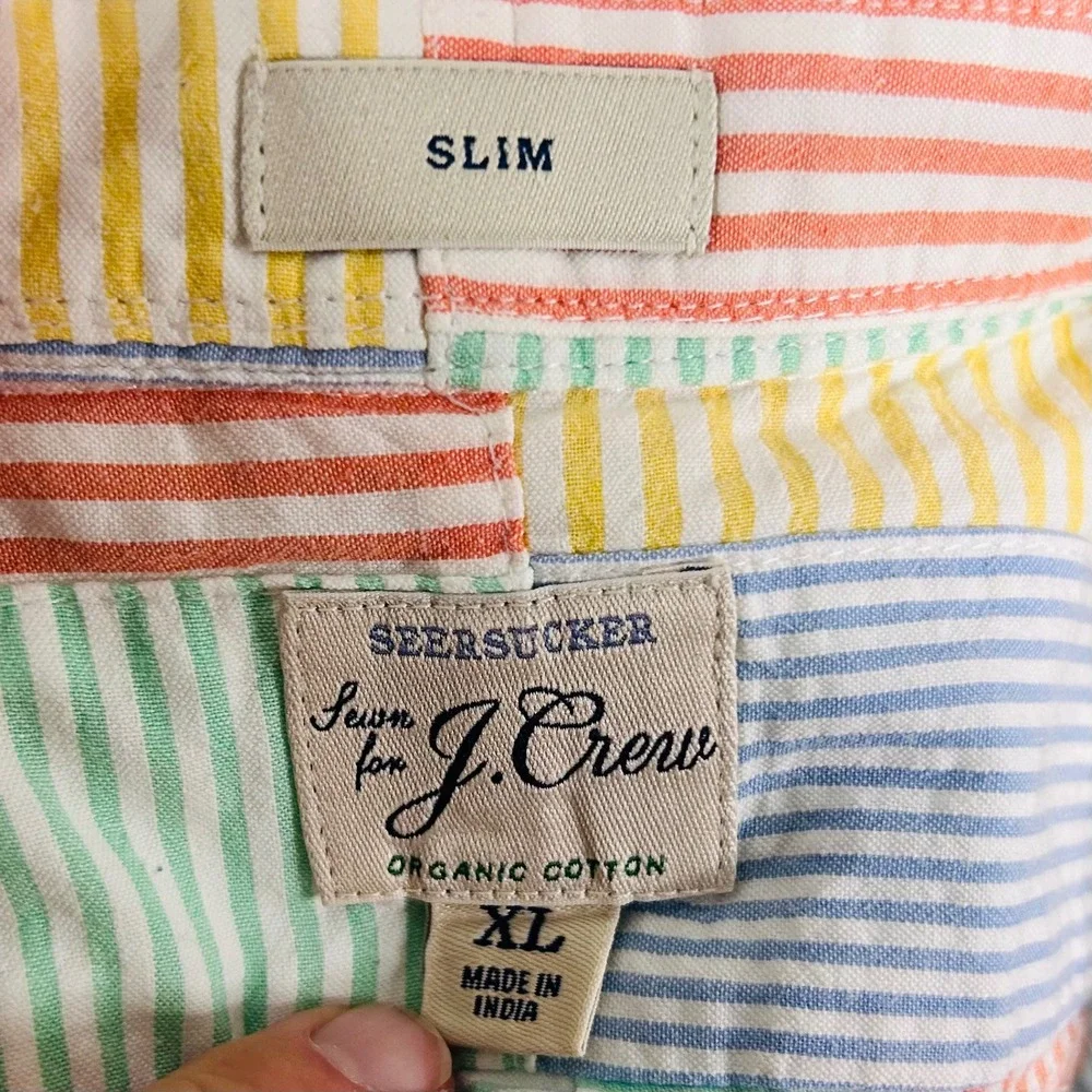 J. Crew XL Slim Seersucker Shirt Short Sleeve Button Down Multicolor Patchwork